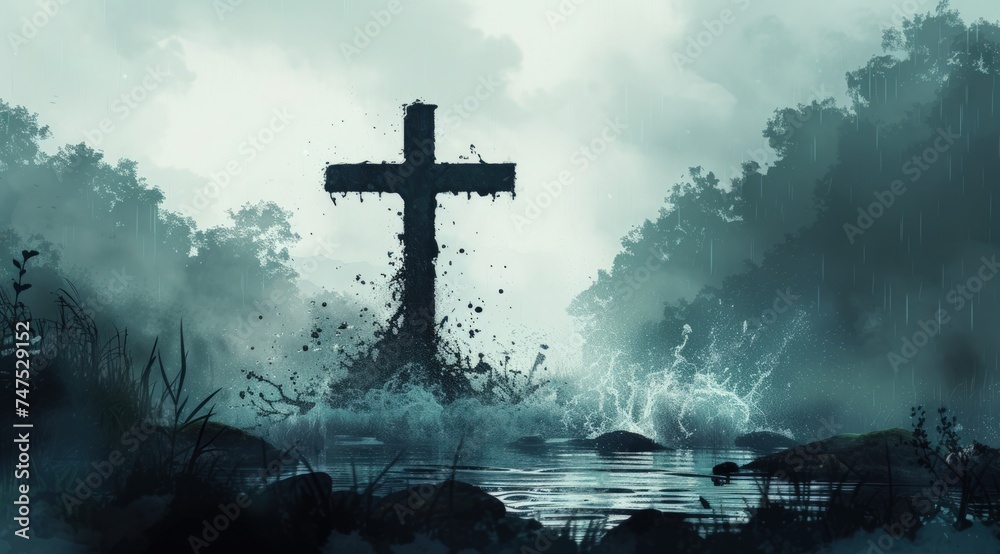 Fototapeta premium graphic of a cross with rain splashing