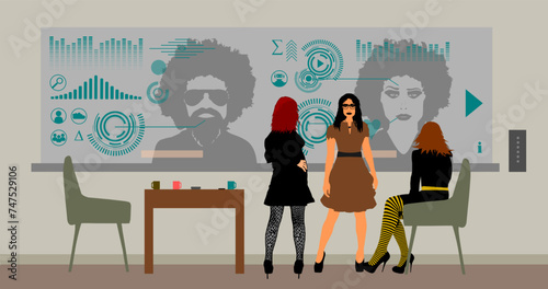 Vektor Darstellung - 3 moderne junge Frauen im Meeting Projekt - Avatare werden zusammengestellt KI Brainstorming Online - Cyberspace Digital Analyse