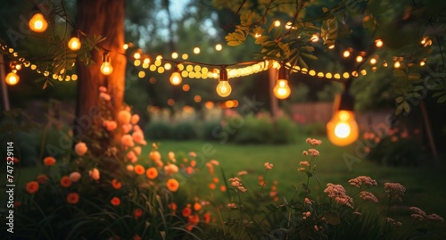 a backyard under lights at dusk with trees and flowers