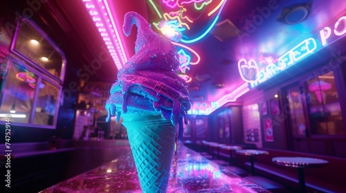 ice cream in a cone neon glows