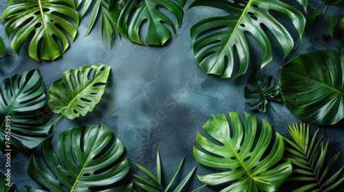 Abstract background of green palm leaves, flat lay
