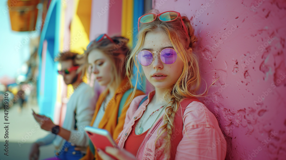 A teen girl looking at her smartphone leaning on a colorful wall, friends on the background. A teen girl looking at her smartphone leaning on a colorful wall, friends on the background.
