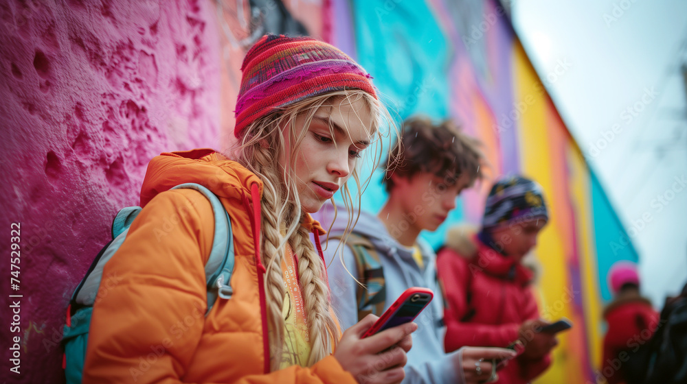 A teen girl looking at her smartphone leaning on a colorful wall, friends on the background. 