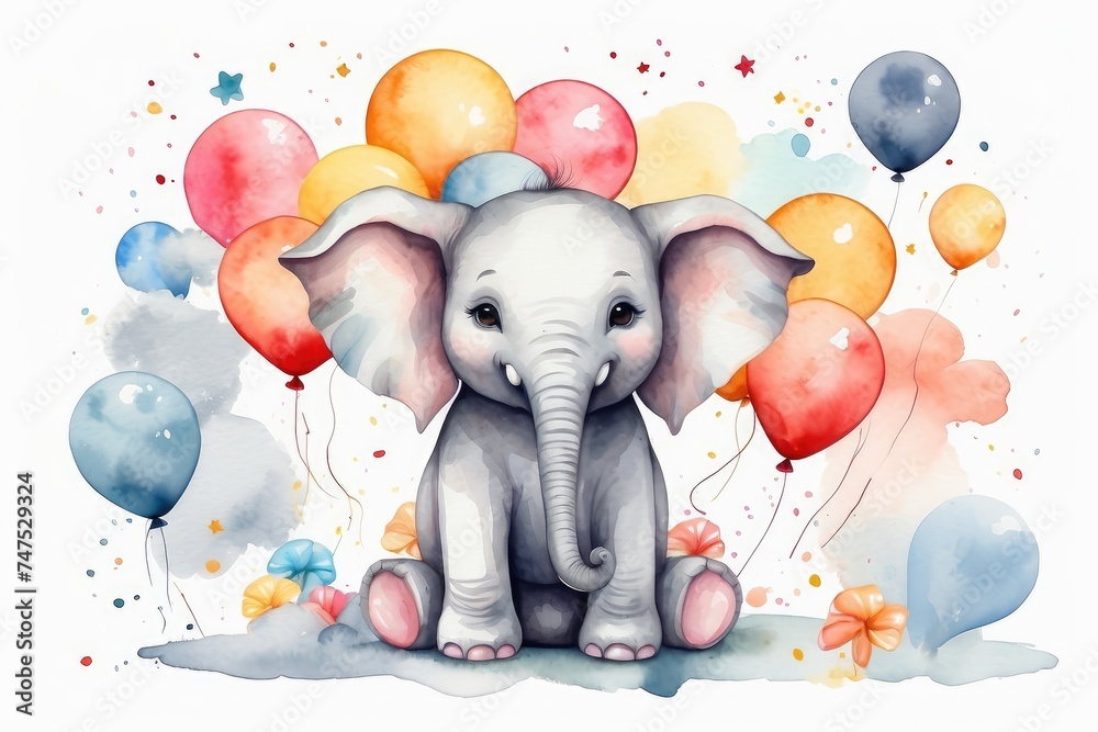 Watercolor cute baby elephant with balloons clouds and stars with an ...