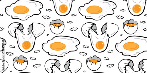 Fried eggs, broken egg, yolk, eggshell seamless pattern. Bright egg texture, background for poster, cafe menu, flyer, cookbook, banner, card, wrapping paper, package design. Doodle simple illustration