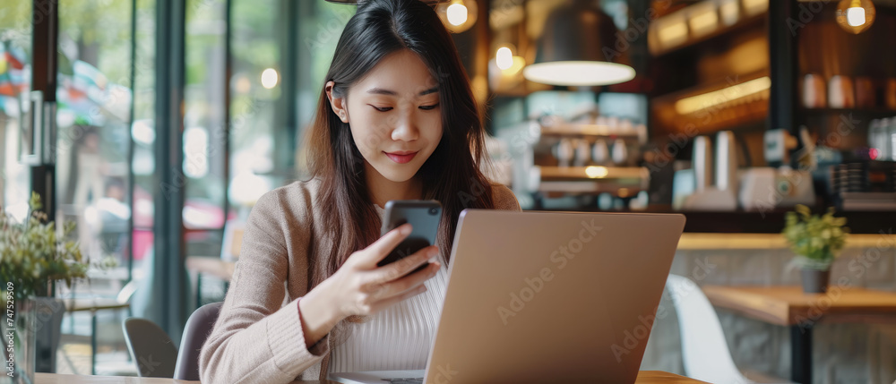 Young asian business woman using mobile phone, working on laptop computer at coffee shop. Female freelancer online working, using smartphone surfing the internet, remote work