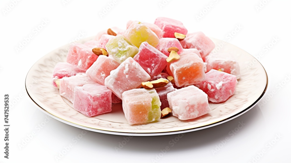 Turkish delight on authentic plate isolated on white background Turkish delight on authentic plate isolated on white background