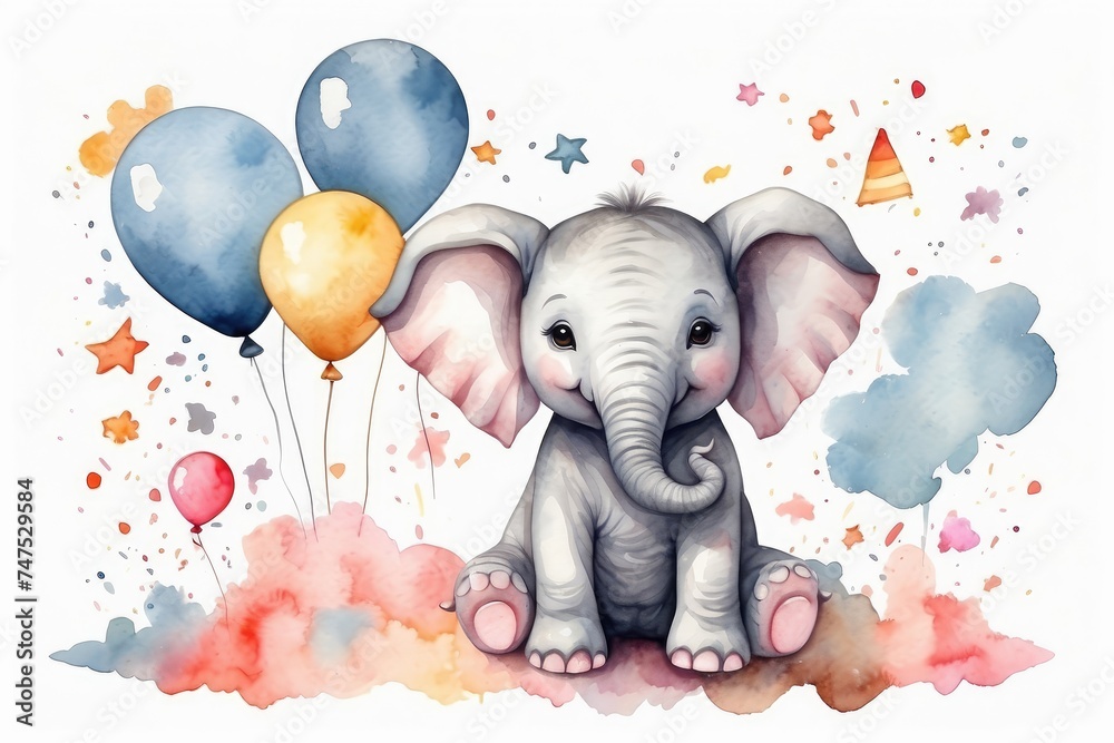 Watercolor cute baby elephant with balloons clouds and stars with an ...
