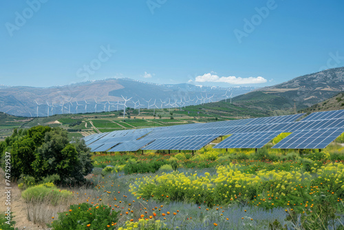 Solar panels with wind turbines against mountanis landscape against blue sky.