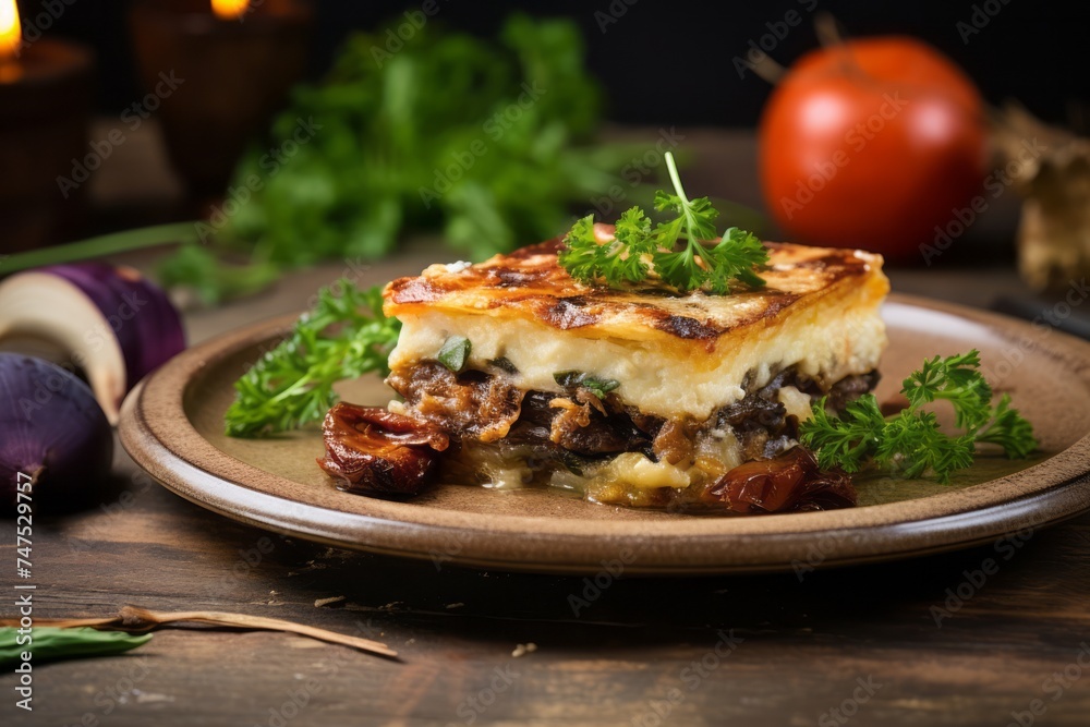 Rustic ambiance close-up photography of an exquisite moussaka on a slate plate against a pastel painted wood background. AI Generation Rustic ambiance close-up photography of an exquisite moussaka on a slate plate against a pastel painted wood background. AI Generation