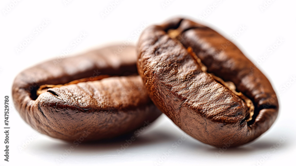 Close-up Two roasted coffee beans isolated on white background. Clipping path