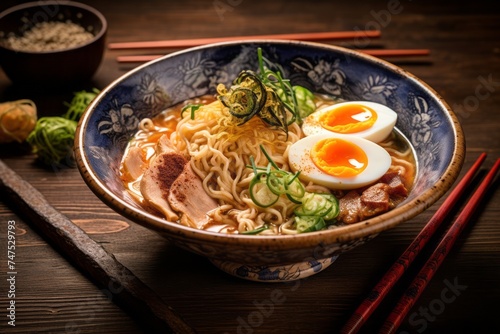 Highly detailed close-up photography of an exquisite ramen on a rustic plate against a pastel painted wood background. AI Generation