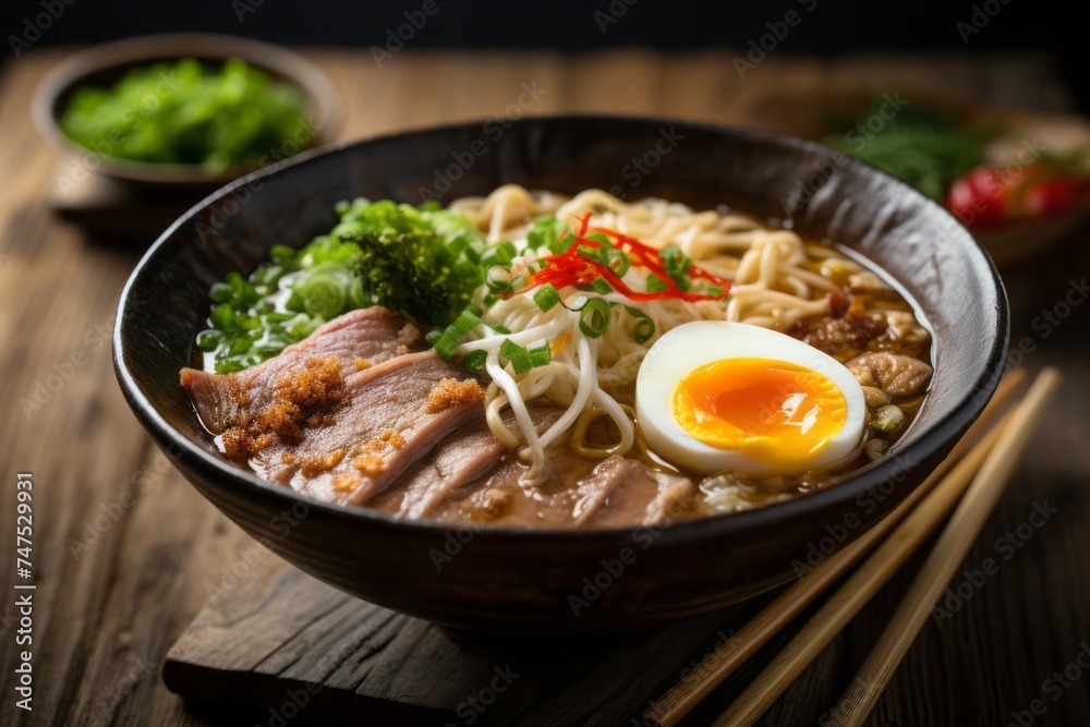 Highly detailed close-up photography of an exquisite ramen on a rustic plate against a pastel painted wood background. AI Generation