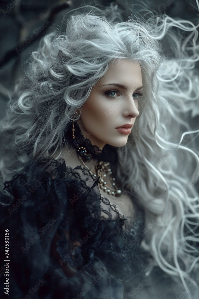 The portrait of a wise sorceress, cloaked in elaborate black attire, her gaze intense and knowing, surrounded by the ethereal whispers of winter.