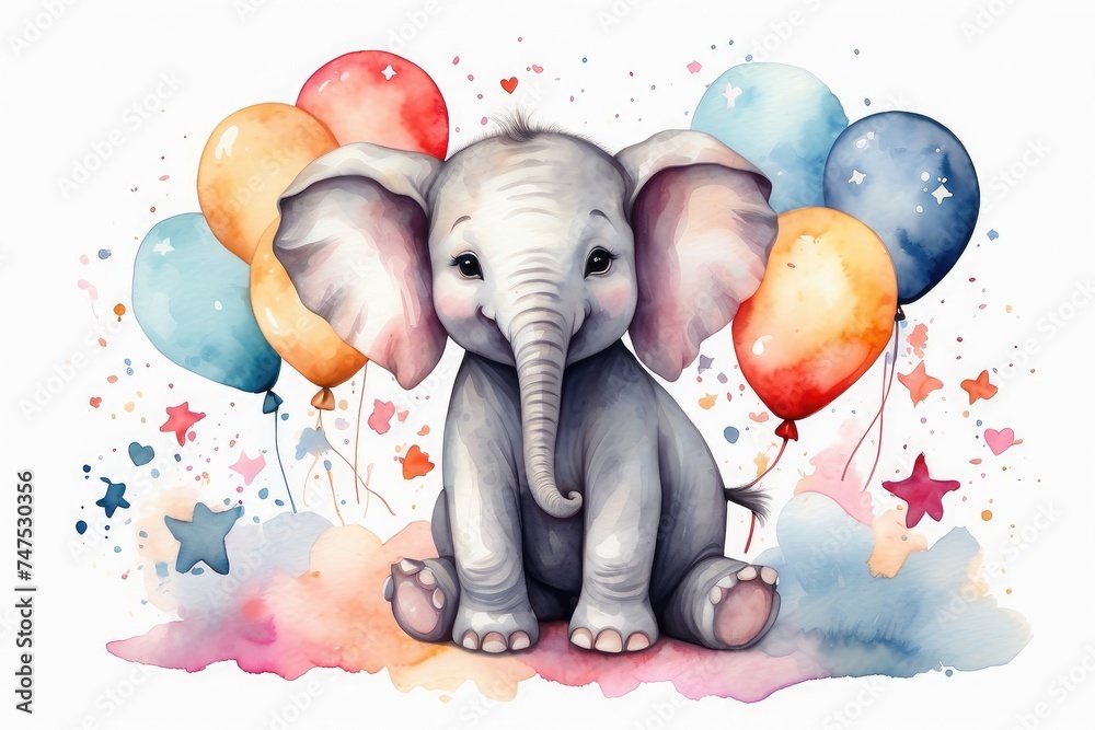 Watercolor cute baby elephant with balloons clouds and stars with an ...