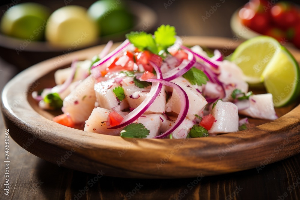 Macro detail close-up photography of a juicy ceviche on a wooden board against a pastel painted wood background. AI Generation