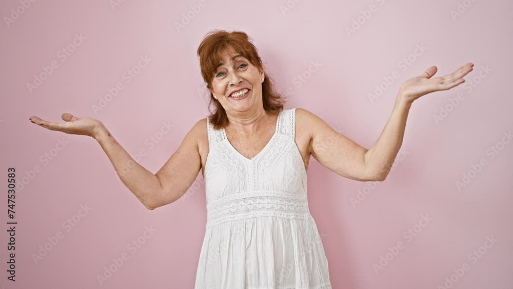 A confused middle-aged woman in dress, clueless expression, hands raised overflowing with doubt, standing isolated over pink background A confused middle-aged woman in dress, clueless expression, hands raised overflowing with doubt, standing isolated over pink background