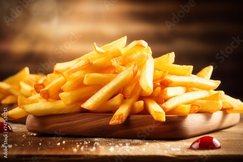 Macro view photography of a delicious french fries on a wooden board against a pastel painted wood background. AI Generation
