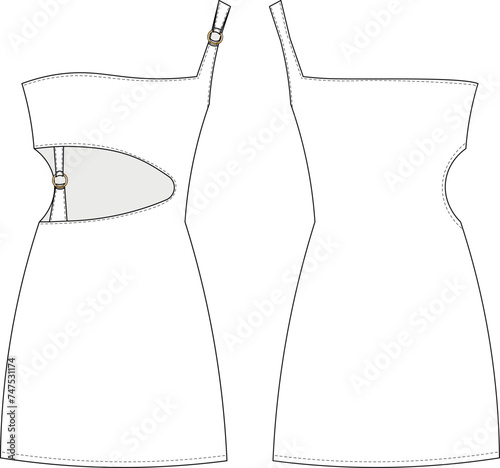 ringed strappy sleeveless one shoulder asymmetric neck low-cut a line short mini dress template technical drawing flat sketch cad mockup fashion woman design style model