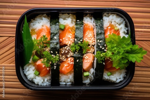 Top view of an hearty sushi in a bento box against a green plant leaves background. AI Generation