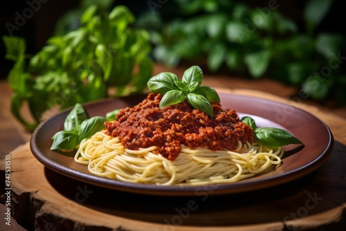Highly detailed close-up photography of a delicious spaghetti bolognese on a wooden board against a green plant leaves background. AI Generation