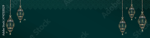 Ramadan Kareem panoramic banner with golden hand drawn linear Muslim lanterns on green background with arabesque pattern and copy space for text. Blank Eid Mubarak header with outline hanging lamps
