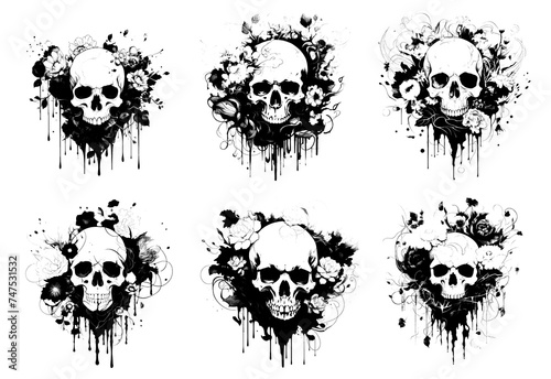 Set of Floral Adorned Skulls Illustration
