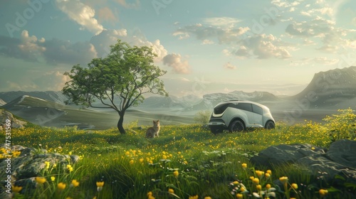 electric cars parked on lush green grass, with a camping setup and a happy family including a cat, highlighting eco-friendly travel and outdoor leisure.