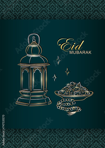 Eid Mubarak greeting card with hand drawn linear golden Arabic lantern, Muslim rosary praying beads and dates in a bowl as dish for Iftar. Dark green poster with arabesque frame for Ramadan Kareem