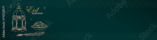 Green Ramadan Kareem header with hand drawn linear golden Arabic lantern, Muslim rosary praying beads and dates in bowl as a dish for Iftar. Panoramic banner with empty place for text for Eid Mubarak
