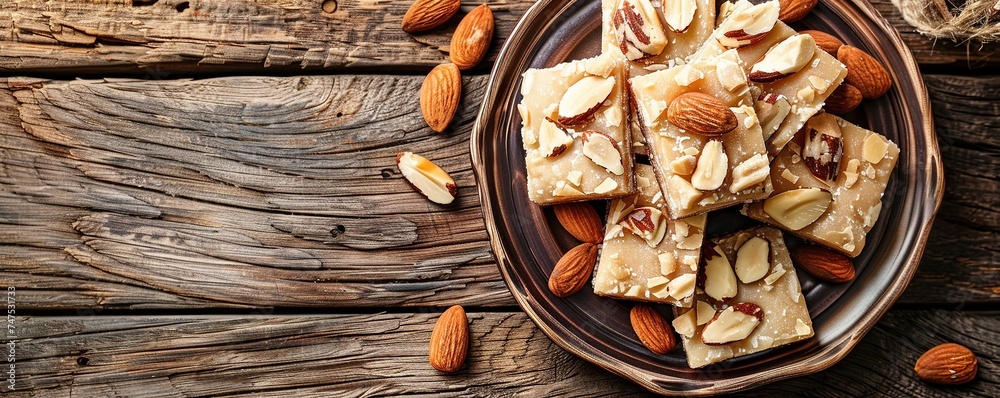 Fototapeta premium image of oriental dish burfi on plate with delicious almond placed on wooden table