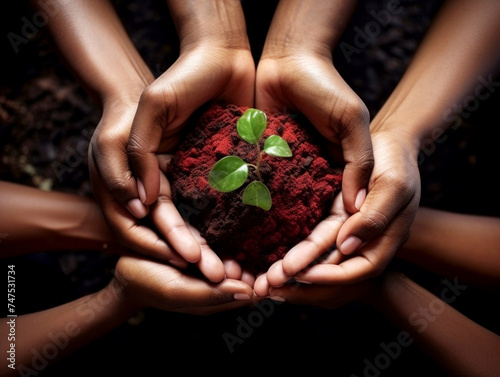 Hands Cradling Seedling in Rich Red Soil photo