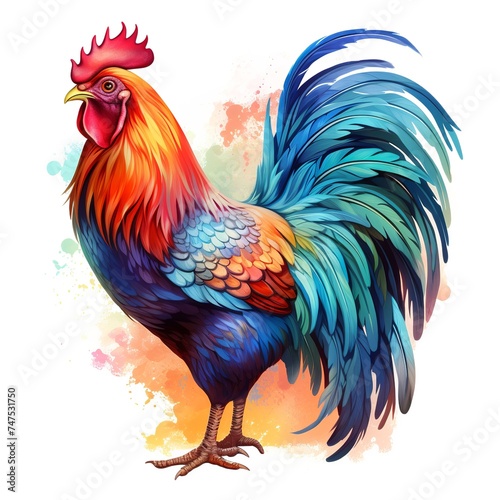 Vector illustration of an Asian rooster with bright colors and sharp eyes on a white background with grass