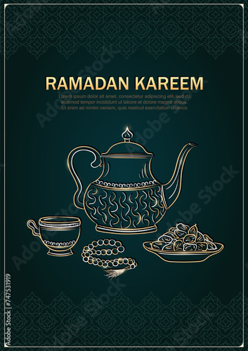 Eid Mubarak greeting card with hand drawn linear golden antique Arabic kettle, teacup, Muslim rosary praying beads and dates in a bowl as a dish for Iftari. Ramadan kareem dark green poster