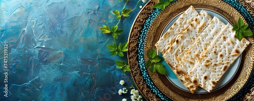 top view of matza and plate with happy passover greeting, jewish Passover holiday concept photo