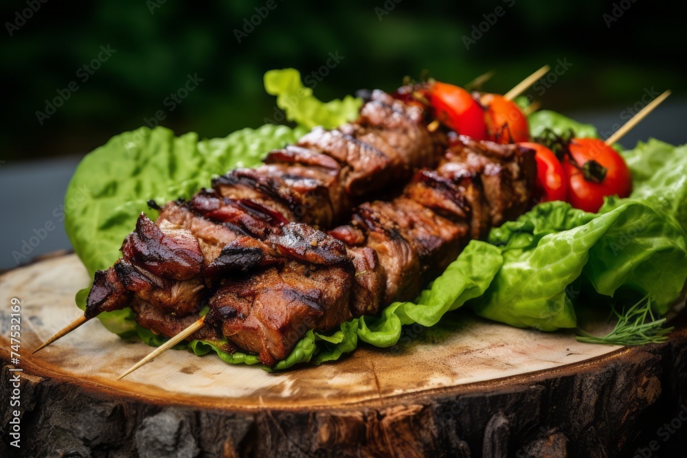 Macro detail close-up photography of an hearty kebab on a marble slab against a green plant leaves background. AI Generation