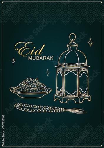 Ramadan Kareem greeting card with hand drawn linear golden Arabic lantern, Muslim rosary praying beads and dates in a bowl as a dish for Iftar. Dark green poster with arabesque pattern for Eid Mubarak