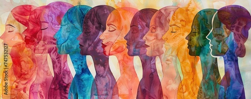 Abstract colorful art watercolor painting depicts International Women's Day, 8 March of different cultures and ethnicities together. concept of gender equality and the female empowerment movement