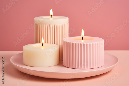 Lit ribbed eco friendly soy wax pink candles on a circular tray, infusing a gentle, natural vibe into the home space, copy space .