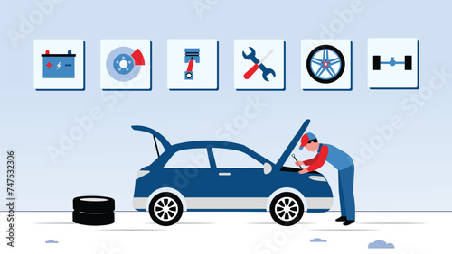 Home garage with car, tools hanging on the wall, a man is repairing the car vector illustration