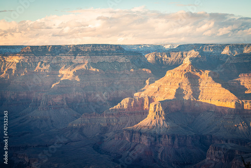 Winter view of the Grand Canyon in Arizona with snow dusting the rim of the canyon.