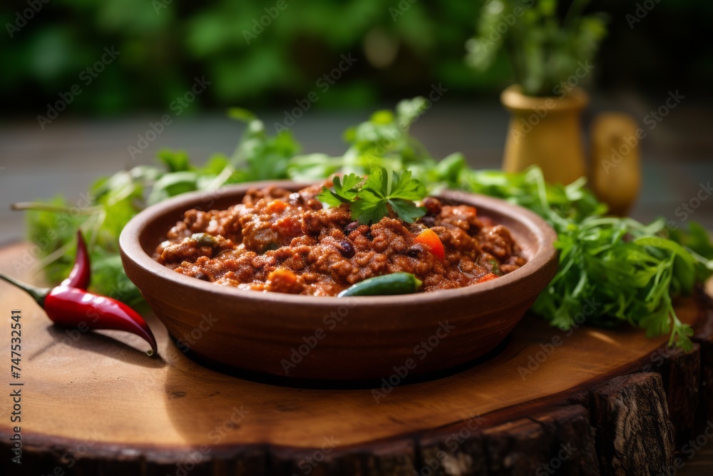 Macro view photography of a delicious chili con carne on a wooden board against a green plant leaves background. AI Generation Macro view photography of a delicious chili con carne on a wooden board against a green plant leaves background. AI Generation