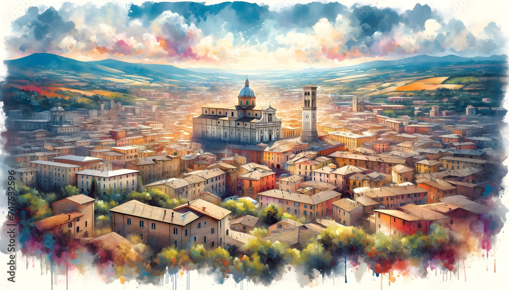 Panorama of Italian summer cityscape. Oil painting of old city center. Toskana landscape - obrazy, fototapety, plakaty 
