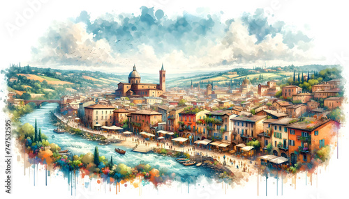 Panorama of Italian summer cityscape. Oil painting of old city center. Toskana landscape