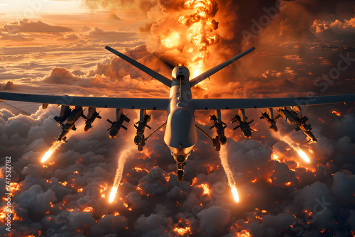 rotate the MQ-9 Reaper drone's by 180 degrees in this image. Add explosions to the scene below photo