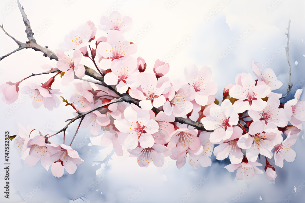 Artistic depiction of a blooming cherry blossom branch with pink flowers Artistic depiction of a blooming cherry blossom branch with pink flowers