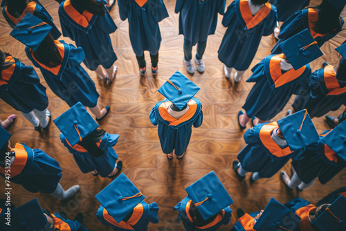 Top view of students in graduation gowns standing in the classroom.