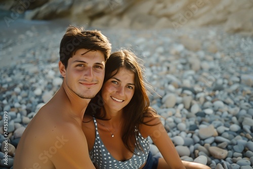 Young Couple Embracing on a Pebble Beach at Sunset