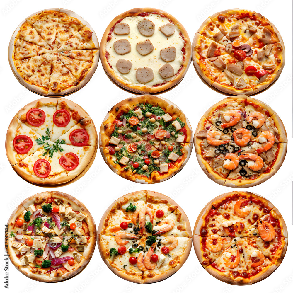 Set of 6 pizza isolated on Transparent Background. Ai generated PNG Set of 6 pizza isolated on Transparent Background. Ai generated PNG