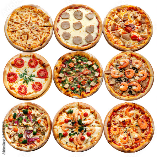 Set of 6 pizza isolated on black background. Image of fast food for menu card, web design, site, shop, advertising or delivery.